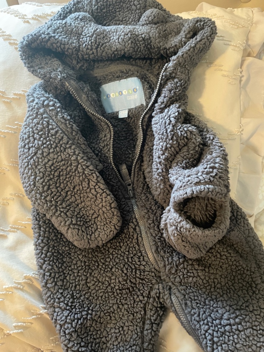 Cozy Grey Sherpa Hooded One-Piece Baby Bear